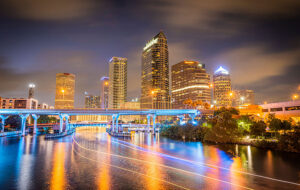 skyline of downtown tampa on the hillsborough river with light trails and long exposure