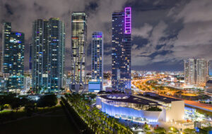 aerial night photo of downtown miami skyline with museum and park