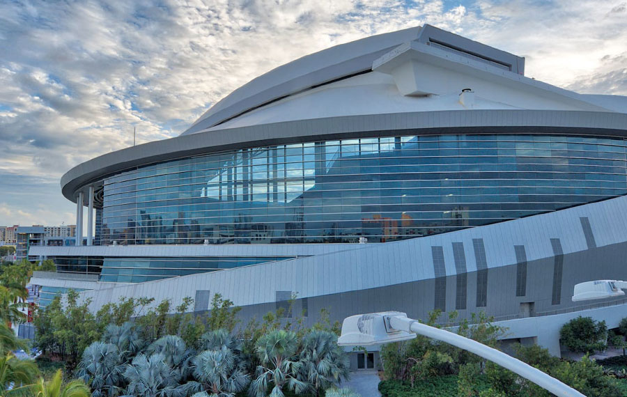 aerial view of twilight exterior of stadium with dome closed at loandepot park miami