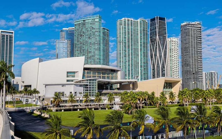 daytime exterior from bridge of arena and skyline at kaseya center miami