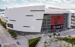 daytime exterior of arena with miami heat logo at kaseya center miami