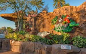 daytime restaurant exterior with sign at rainforest cafe disney springs orlando