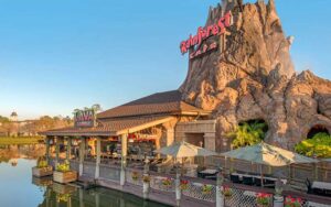 exterior of restaurant with volcano at rainforest cafe disney springs