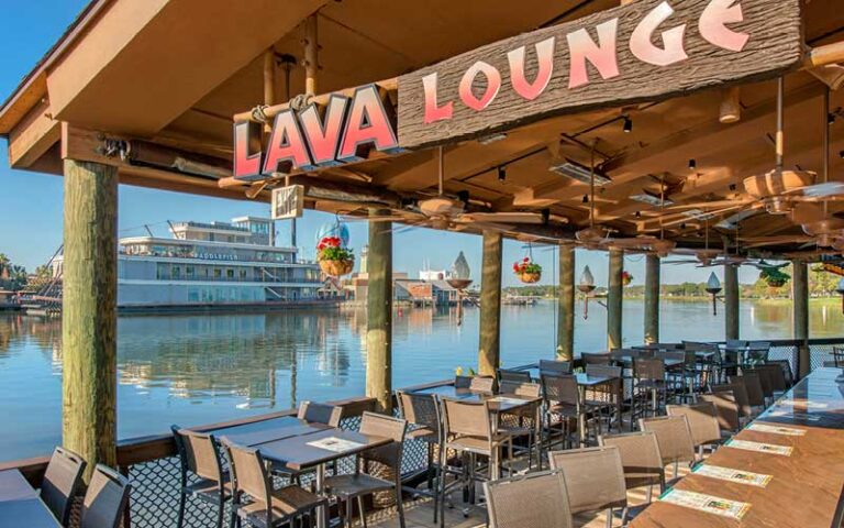 lava lounge patio overlooking water at rainforest cafe disney springs