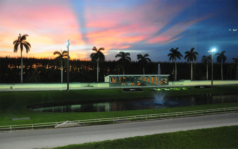 sunset over horse race track with scoreboard at palm beach kennel club