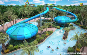 artists rendering of water park ride with two enclosed slides for tuberiders at aquatica orlando