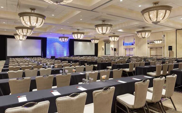 ballroom set up with tables and stage for conference at west palm beach marriott