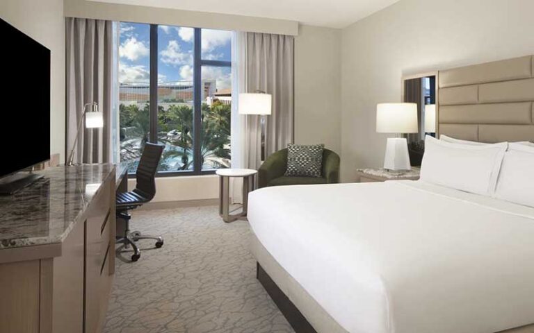 hotel room with king bed and view of downtown at hilton west palm beach