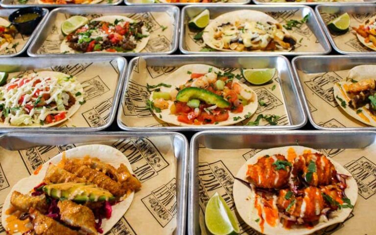 many different entrees on metal trays at one night taco stand jacksonville