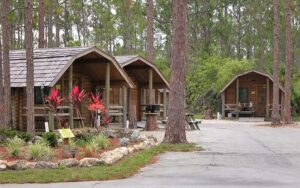 row of log cabins in wooded area with road at lion country safari koa west palm beach