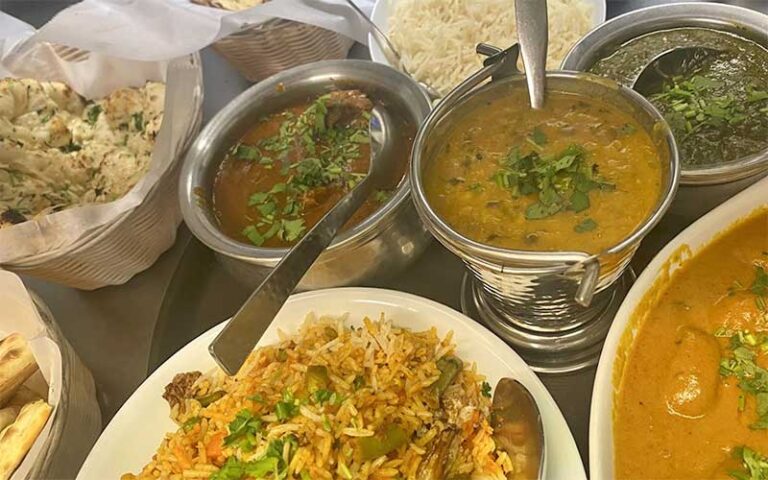 several metal bowls and trays of rice and curry at new punjab indian restaurant orlando