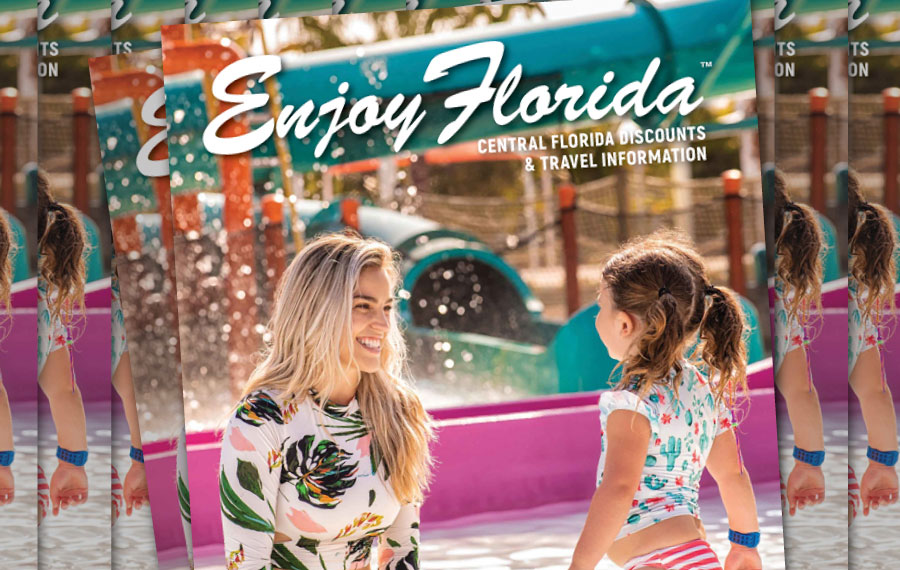 stacks of magazines with mom and kid smiling at kids splash area at island h2o water park for enjoy florida magazine cover