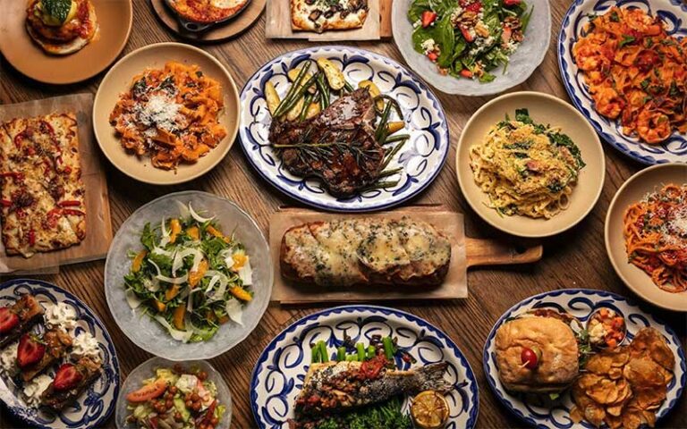 view from above of table full of entrees at mias italian kitchen orlando