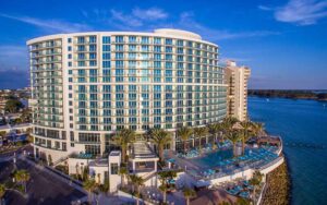 aerial exterior of round high rise hotel at opal sands resort clearwater beach