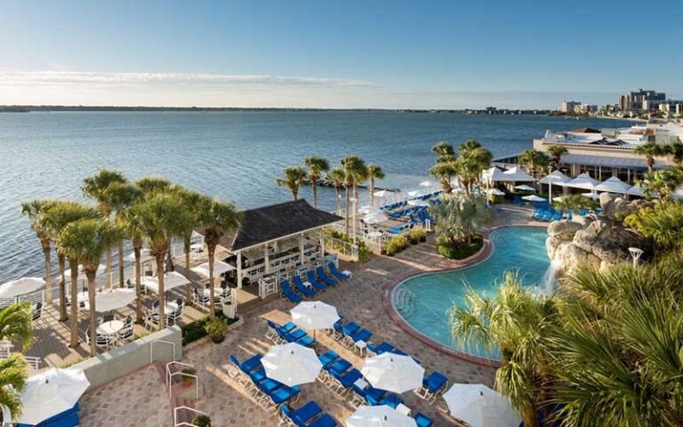 aerial room view of pool area and bay at clearwater beach marriott suites on sand key