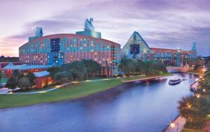 aerial view across lake in twilight at walt disney world swan resort orlando