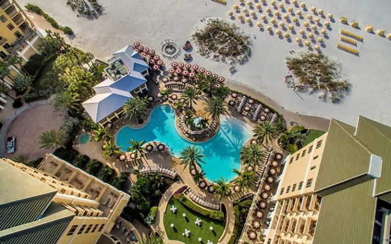 aerial view from above of hotel pool area and beach at sandpearl resort clearwater beach