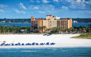 aerial view from ocean of high rise hotel on beach at sheraton sand key resort clearwater beach