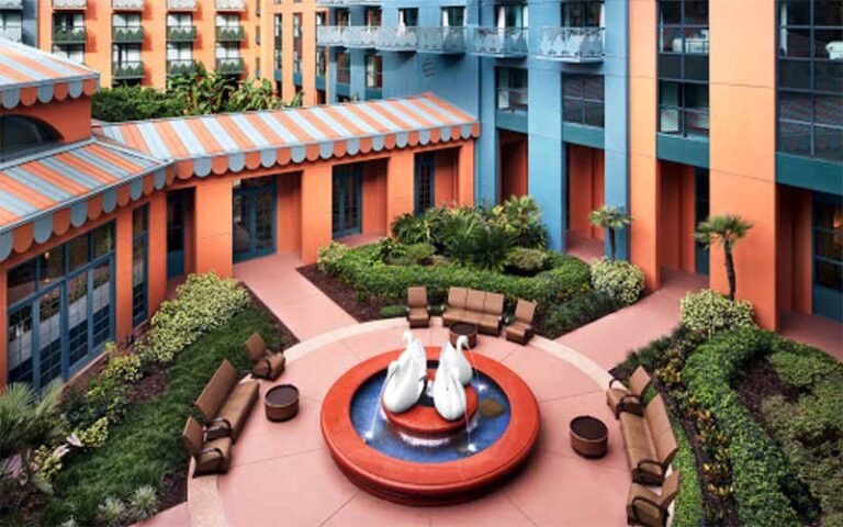 aerial view of courtyard and swan fountain at walt disney world swan resort orlando