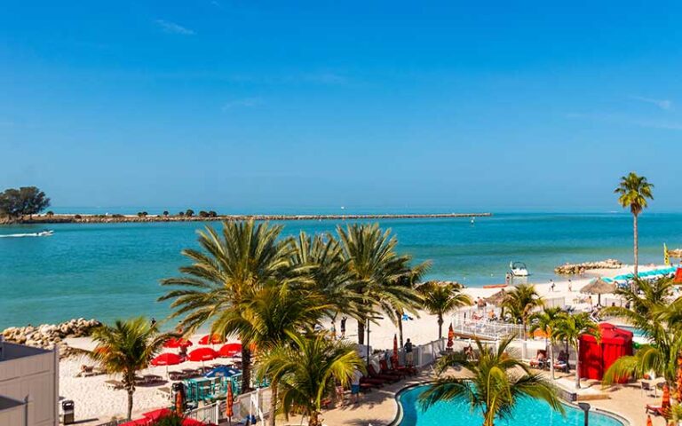 aerial view of ocean with pool and red umbrellas at winter the dolphins beach club clearwater
