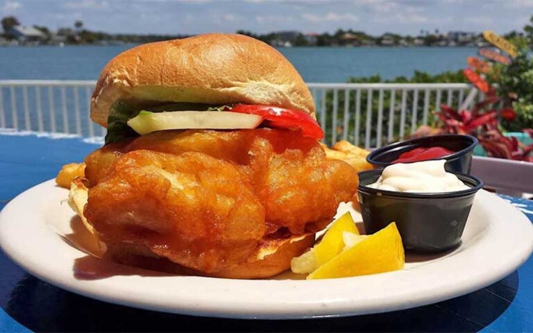 breaded fish filet burger with sides on plate with inlet view at seabreeze island grill st pete clearwater