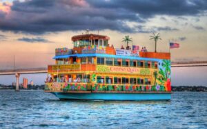 colorful party cruise boat on bay at calypso queen clearwater