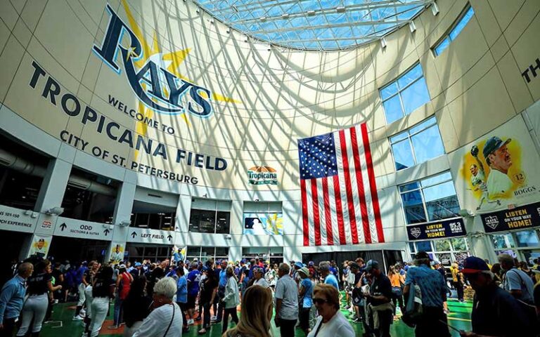 courtyard area of stadium with atrium and crowds at tropicana field st pete