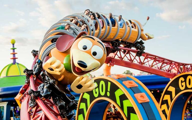 dog themed coaster curving along track on slinky dog dash at hollywood studios walt disney world resort orlando