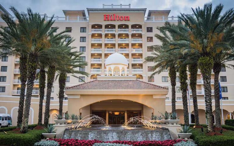 exterior front of hotel with palms and fountain at hilton st petersburg carillon park