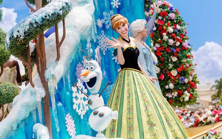 frozen film characters on float at festival of fantasy parade at magic kingdom walt disney world resort orlando