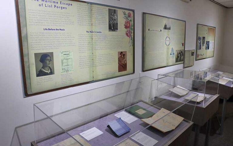 glass cases with books and letters in exhibit room at the florida holocaust museum st pete