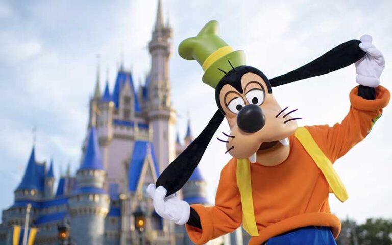 goofy character with cinderella castle in background at magic kingdom walt disney world resort orlando
