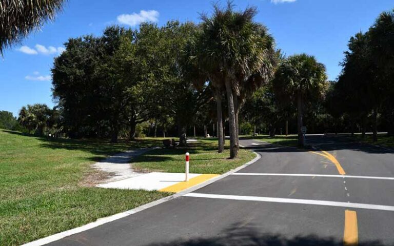green grass and trail crossing road at sand key park clearwater
