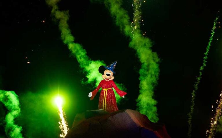 mickey wizard character with green lights at fantasmic at hollywood studios walt disney world resort orlando