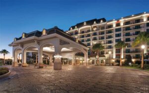 night exterior of hotel front and entrance at disneys riviera resort walt disney world orlando