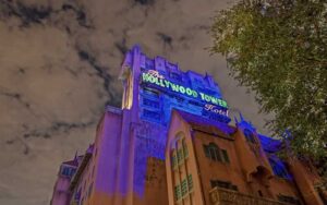 night exterior view up at twilight zone tower of terror at hollywood studios walt disney world resort orlando