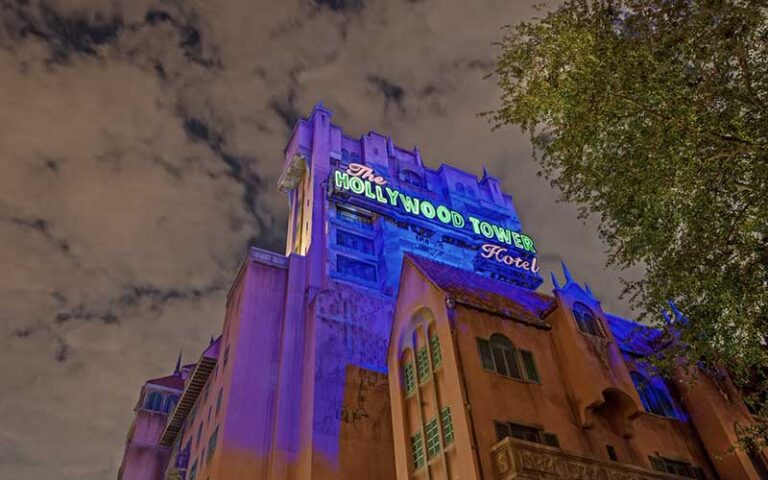 night exterior view up at twilight zone tower of terror at hollywood studios walt disney world resort orlando