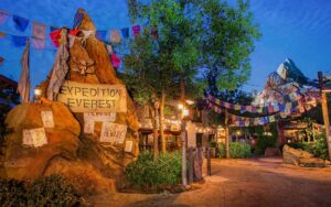 night view of ride entrance on expedition everest legend of the forbidden mountain at animal kingdom walt disney world resort orlando