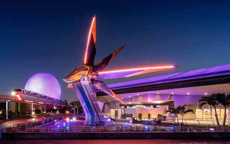 night view of ship exterior ride at guardians of the galaxy cosmic rewind at epcot walt disney world resort orlando