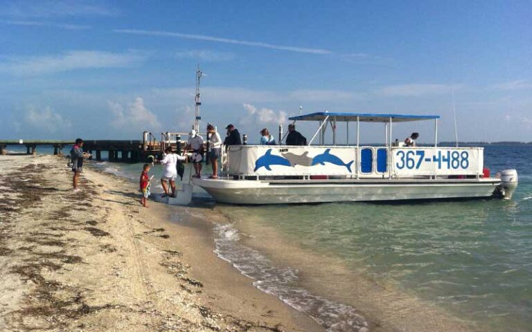 pontoon island charter on beach with dock and riders at dolphin landings charter boats st pete beach