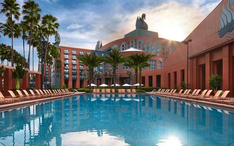 pool area with swan building at walt disney world swan resort orlando