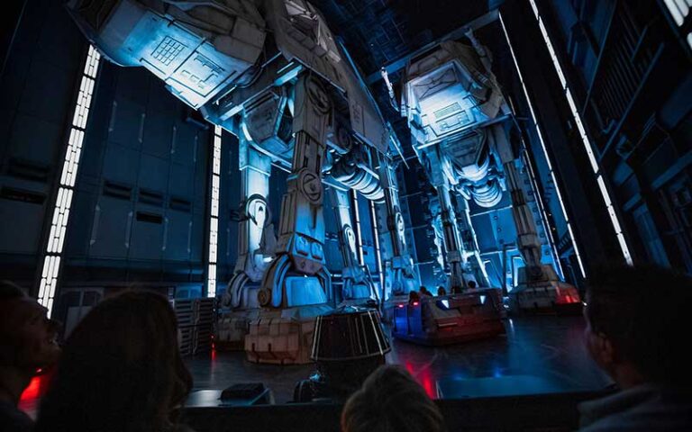 riders looking up at looming atats at star wars rise of the resistance at hollywood studios walt disney world resort orlando