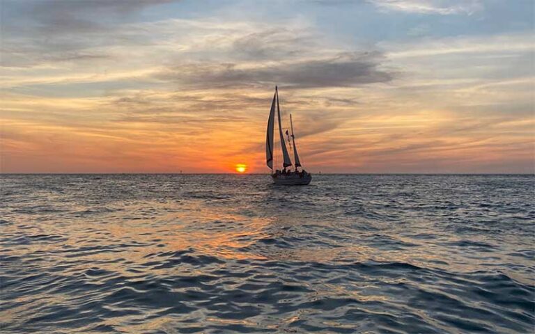 sailboat silhouette with orange sunset over ocean at dolphin landings charter boats st pete beach