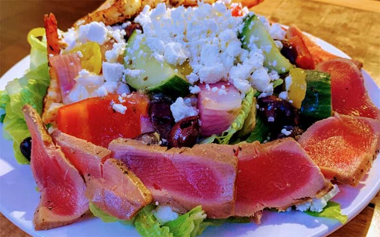 seared tuna with large salad at the original crabby bills indian rocks beach