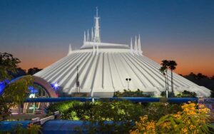 sunset exterior view of domed building space mountain at magic kingdom walt disney world resort orlando