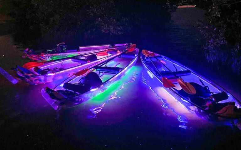 three colorful led lighted clear kayaks in dark water at see through adventures st pete