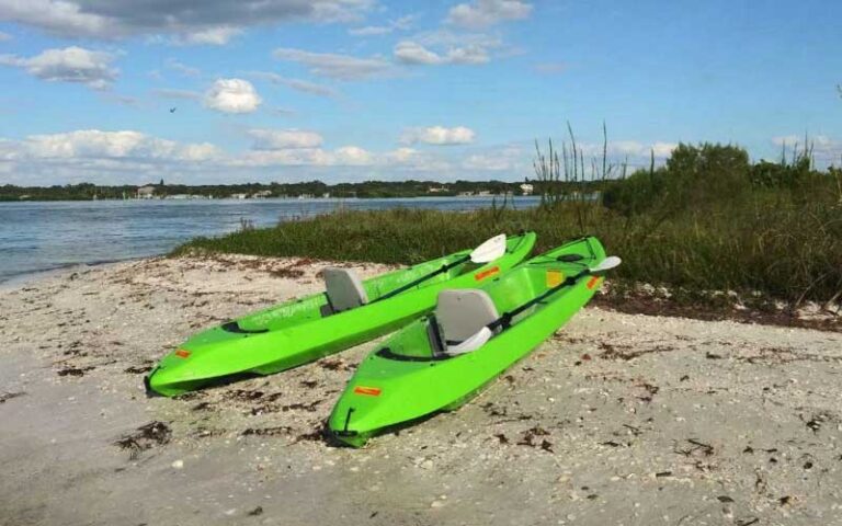 two green kayaks on shore island with inlet at sharkeys glass bottom tours st pete beach