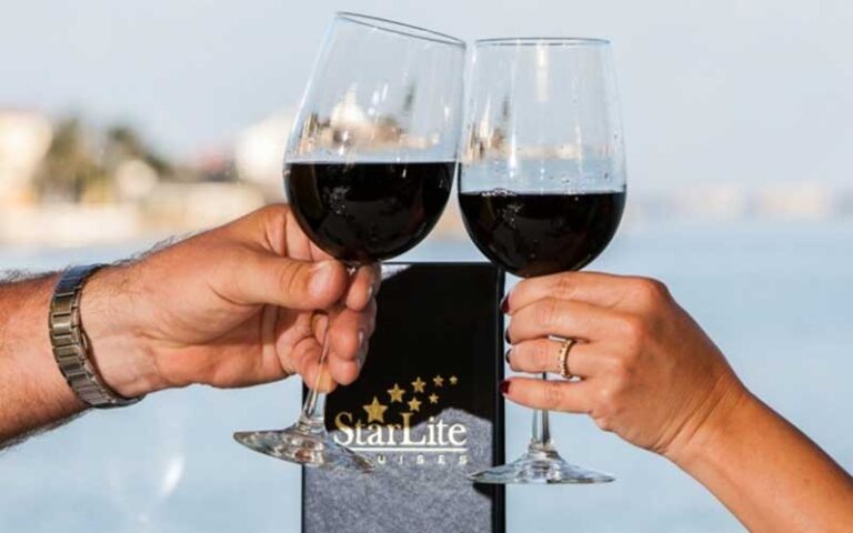 two hands toasting red wine glasses with branded menu at starlite sapphire dining yacht cruise st pete beach