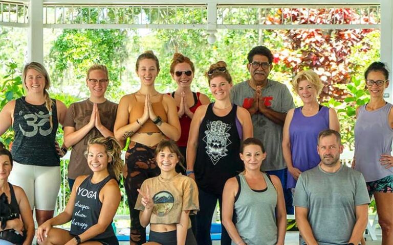 yoga group in gazebo pavilion at safety harbors market on main clearwater