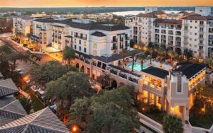 aerial sunset view of hotel buildings along city block at the alfond inn at rollins winter park orlando
